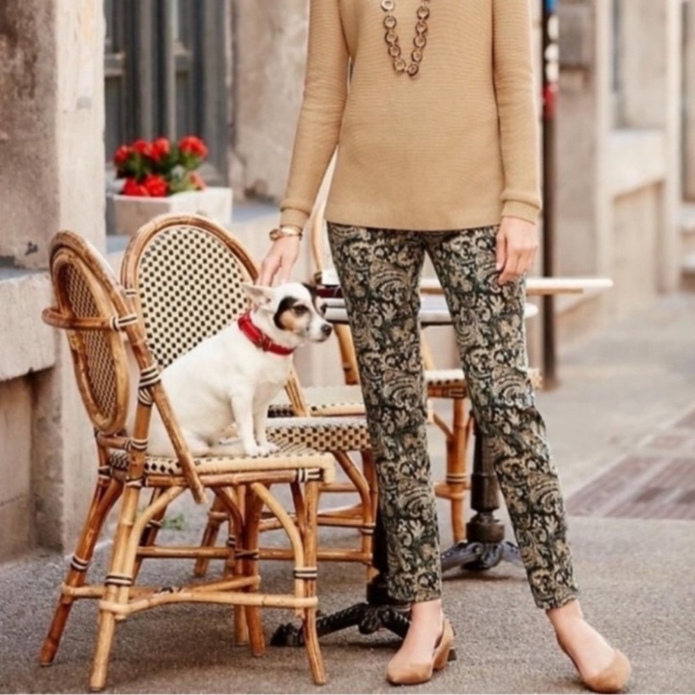 Talbots Hampshire Ankle Pants Womens 8P Black Gold Paisley Tapestry Straight Leg